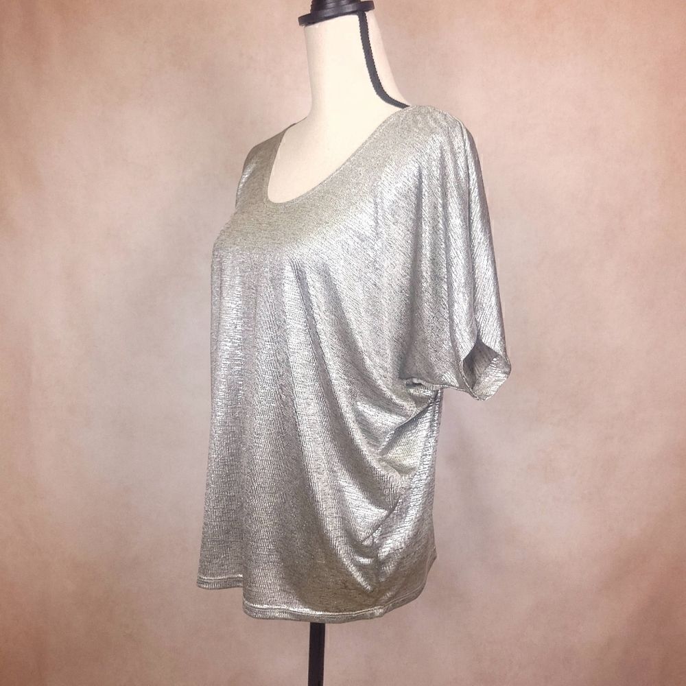 Kim & Cami Silvery Metallic Short Dolman Sleeve Top Size Large